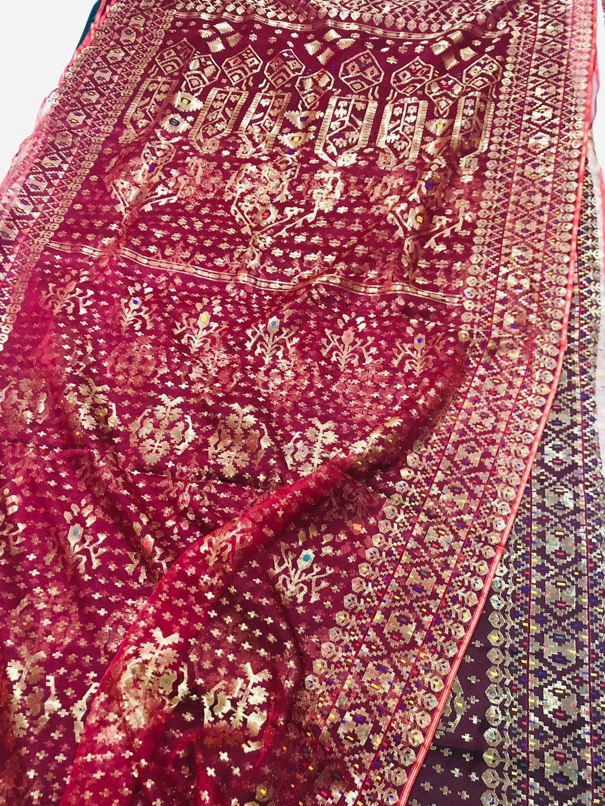 Exclusive Red golden moslin half silk jamdani saree