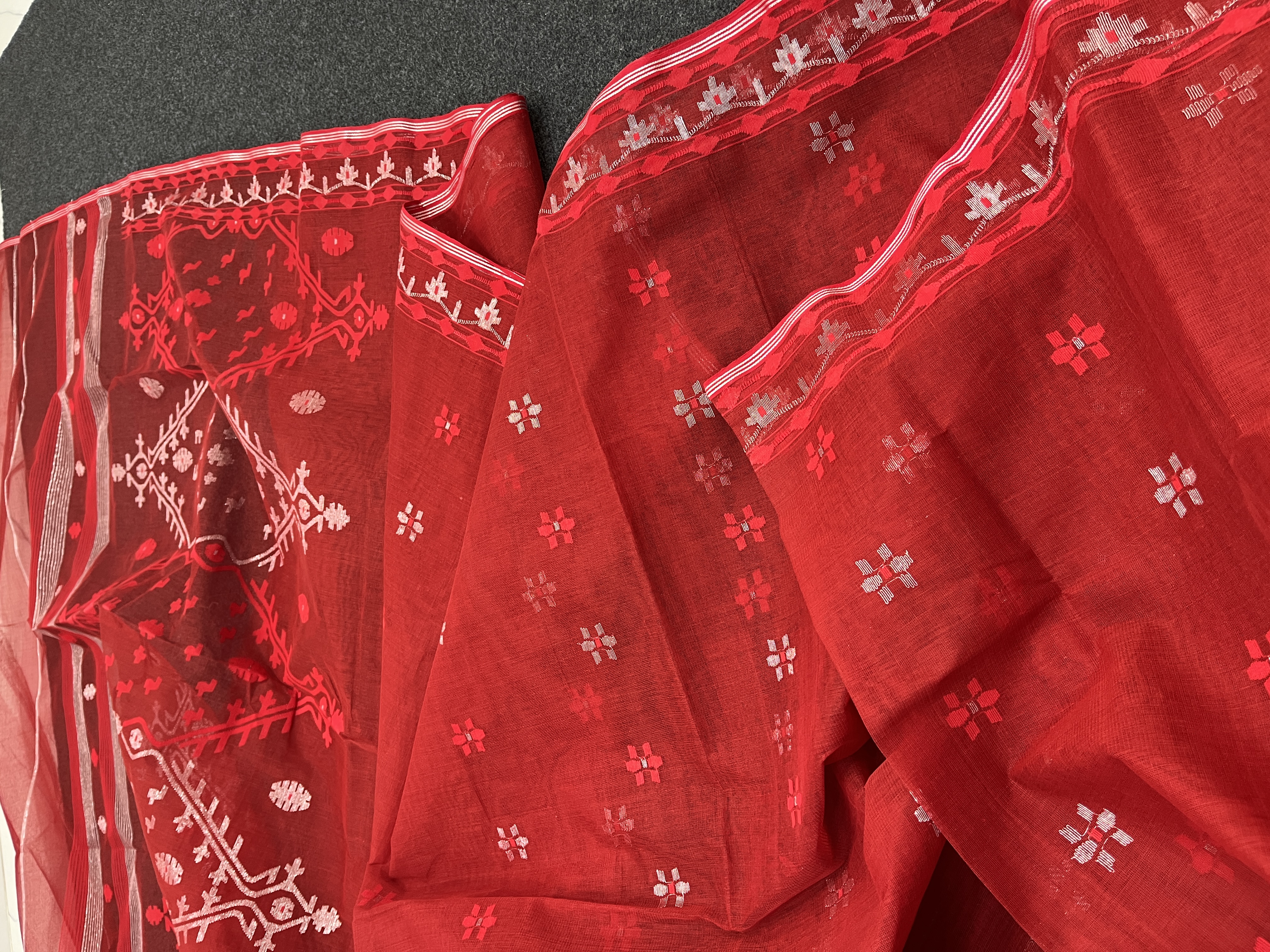 Cotton Red silver jamdani saree