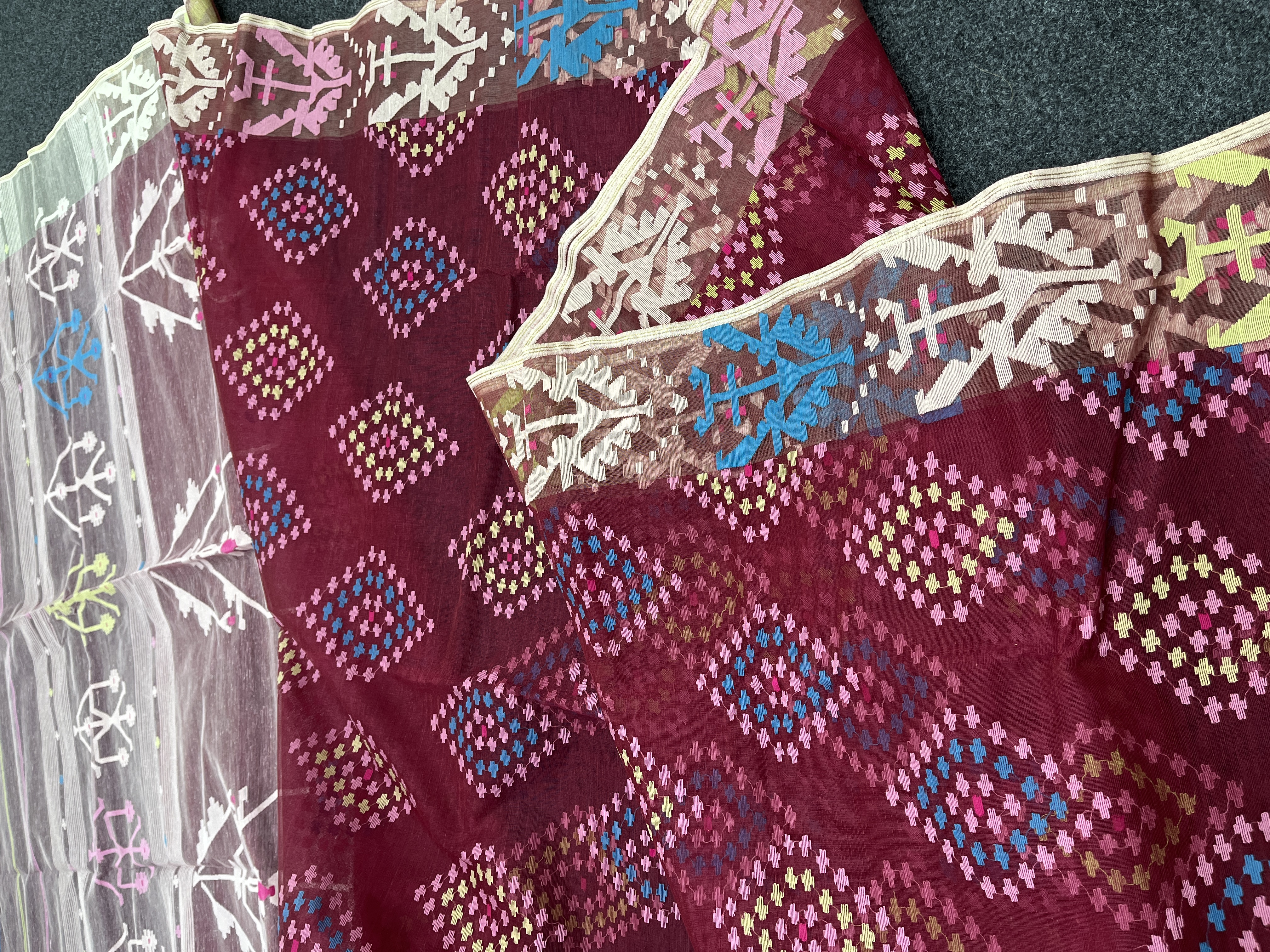 Exclusive marron multi half silk jamdani saree