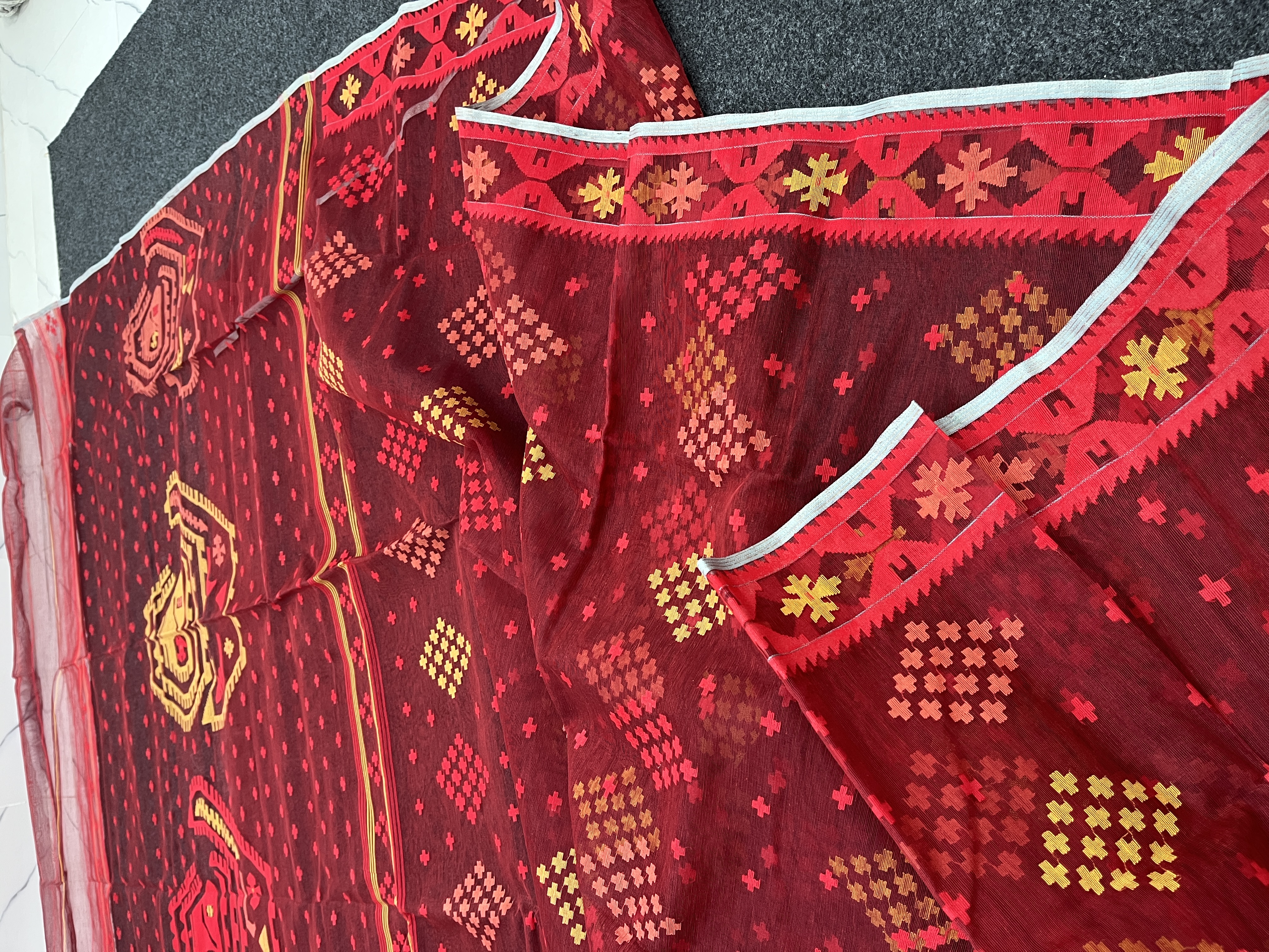 Red multi ful half silk jamdani saree