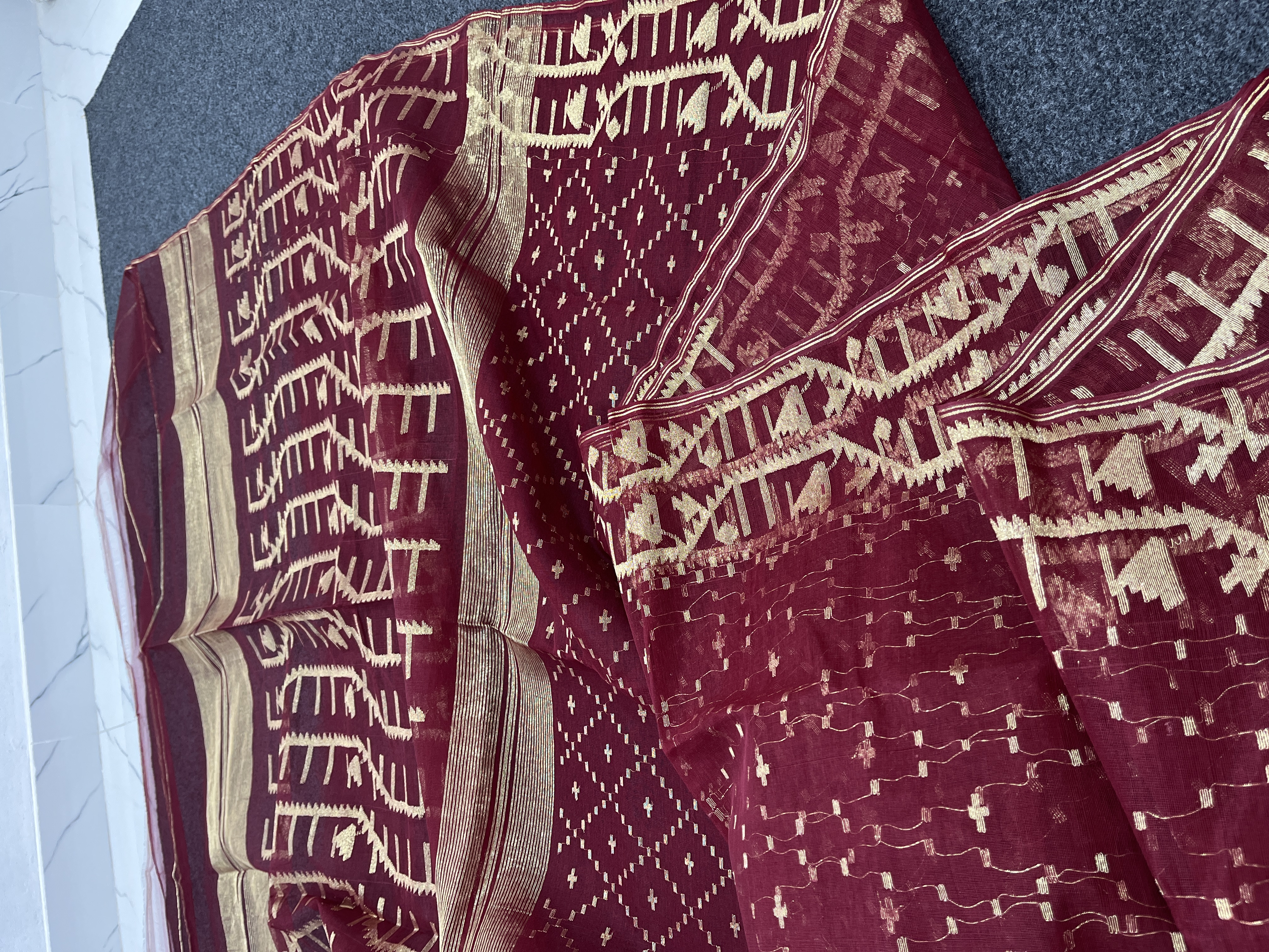 Maroon Golden Jal design half silk jamdani saree