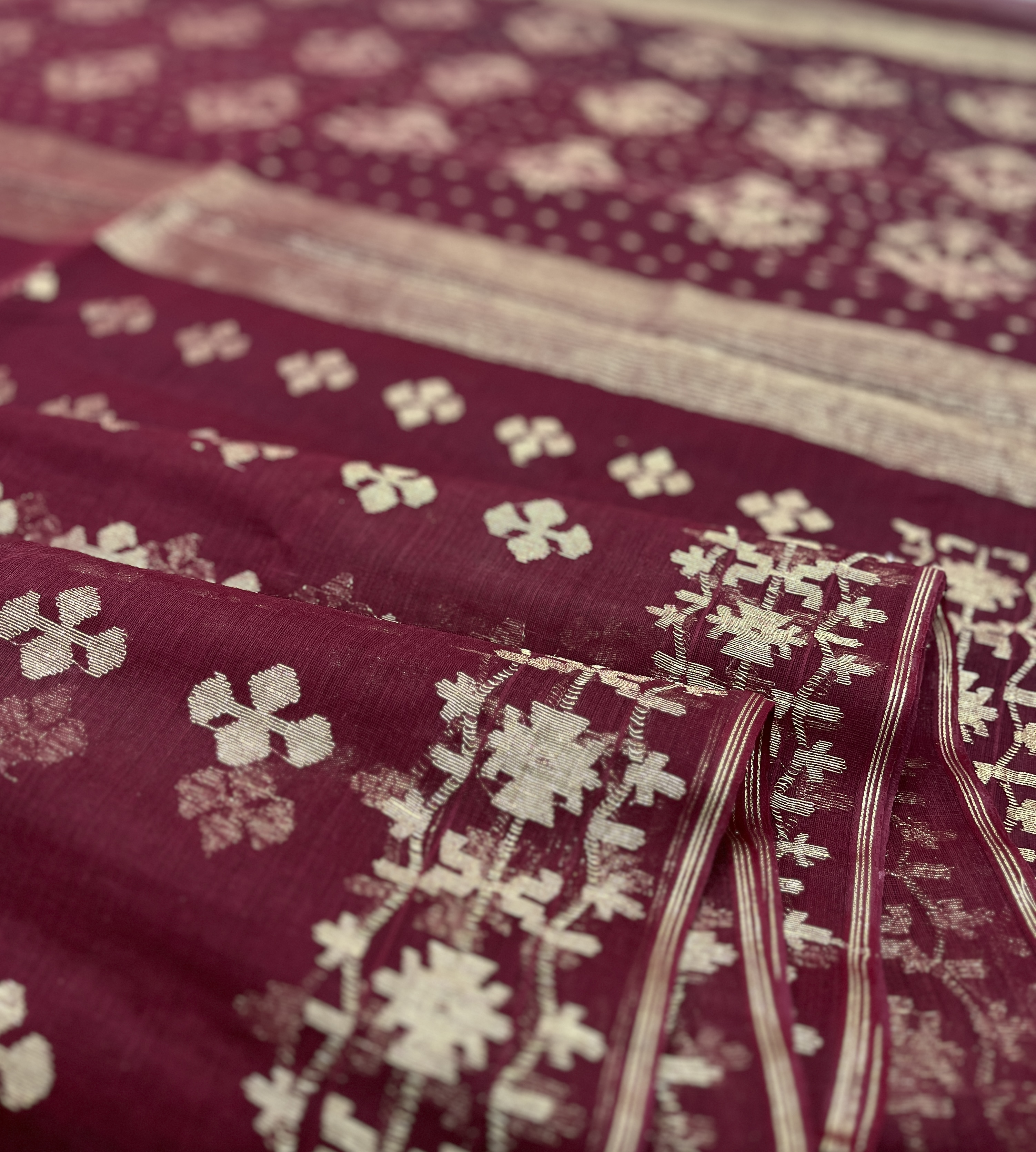 Maroon and golden cotton jamdani saree