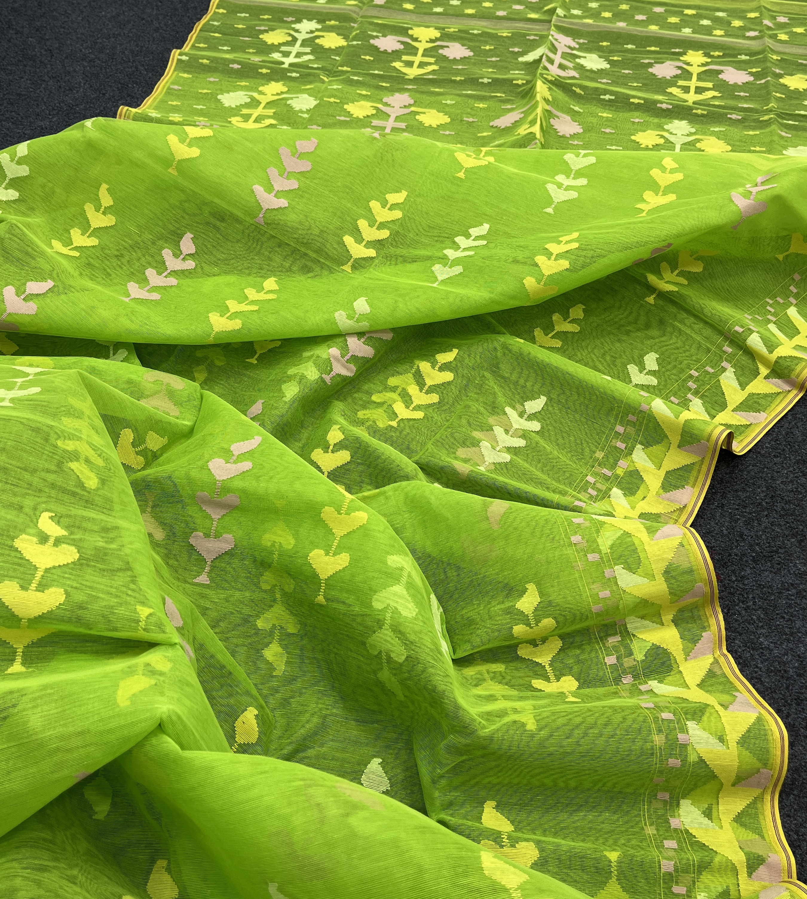 Parrot green multi color half silk jamdani saree