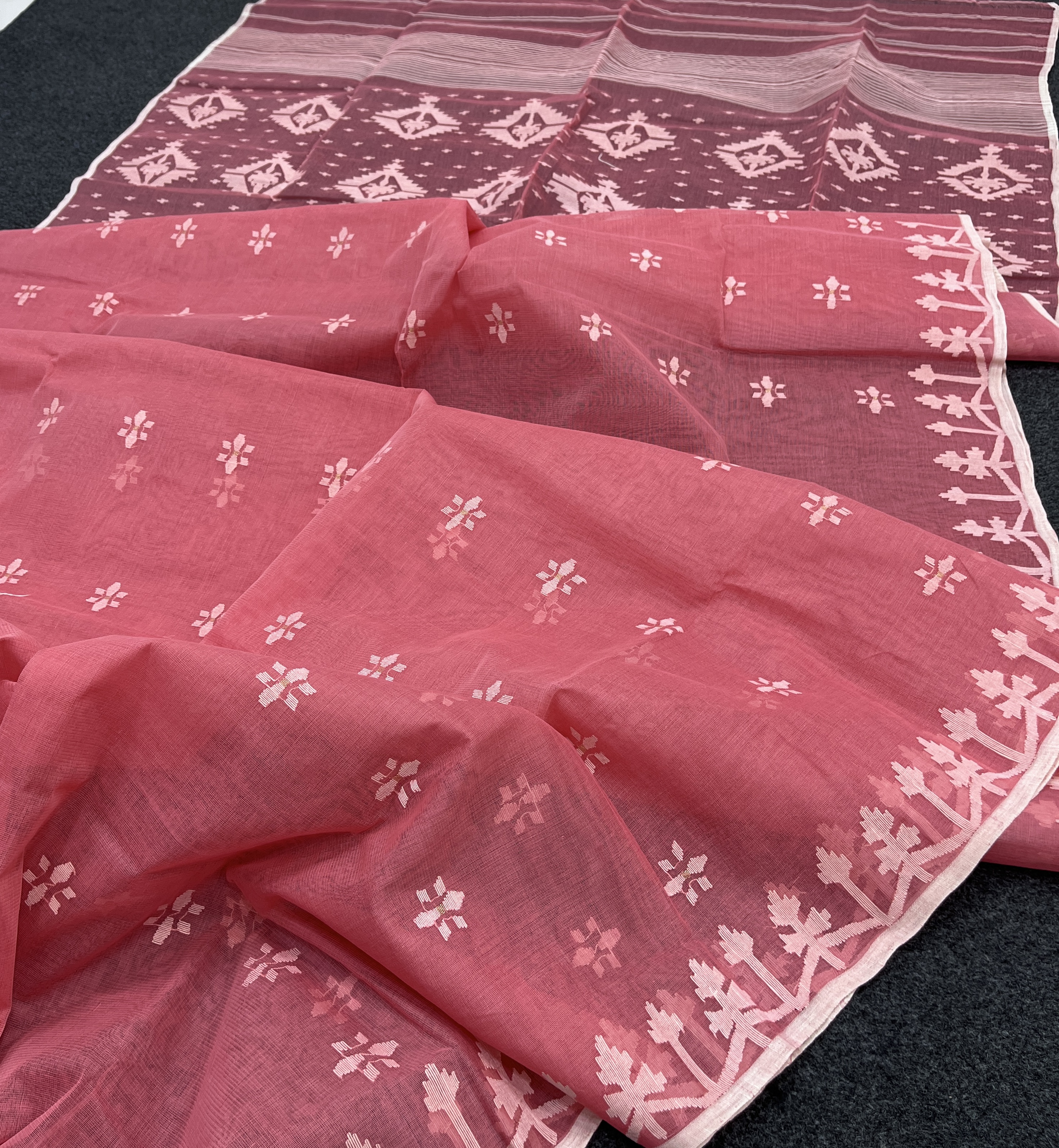 Pink white cotton dhakai jamdani saree