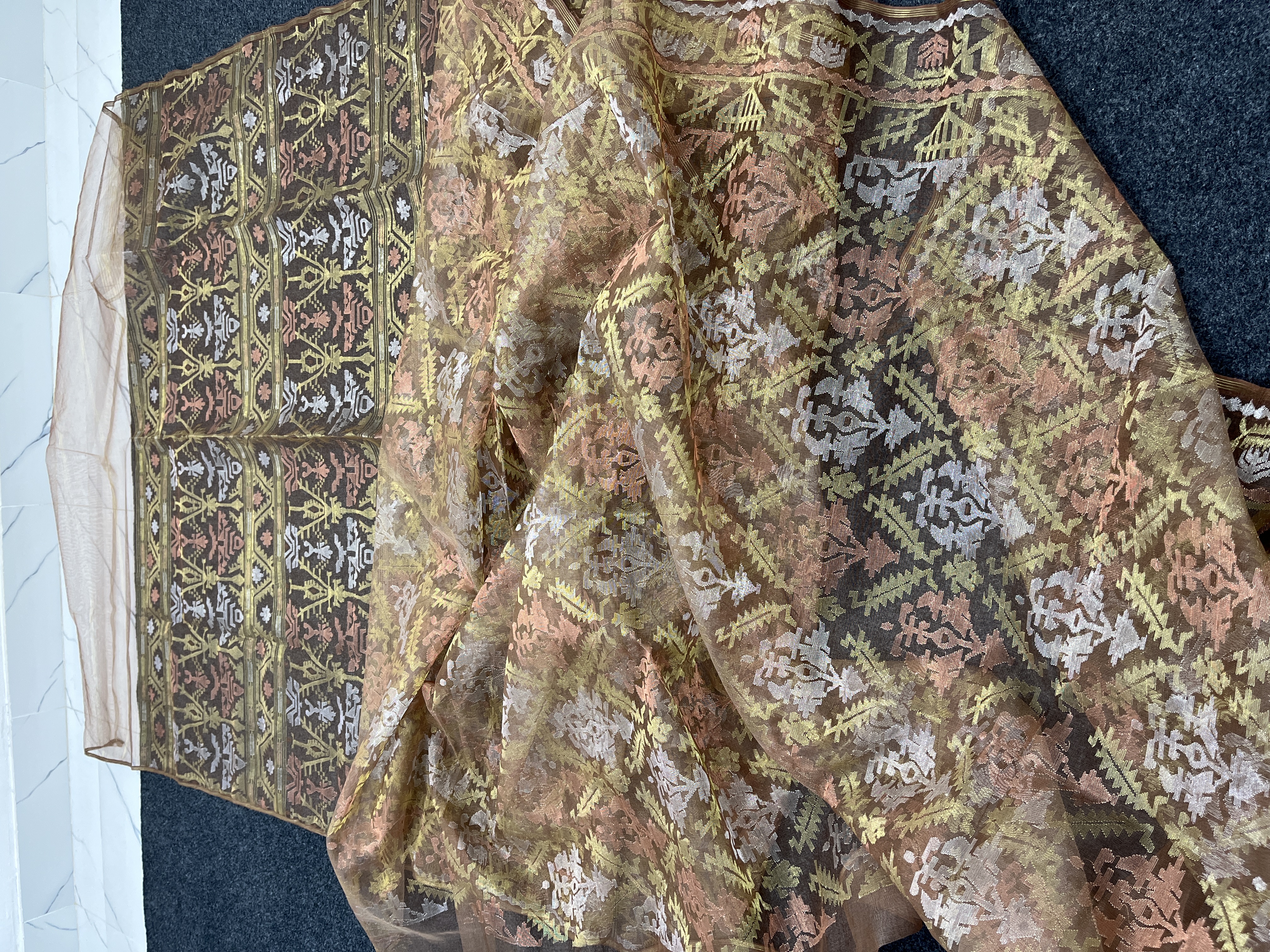 Exclusive chocolate zari half silk jamdani saree