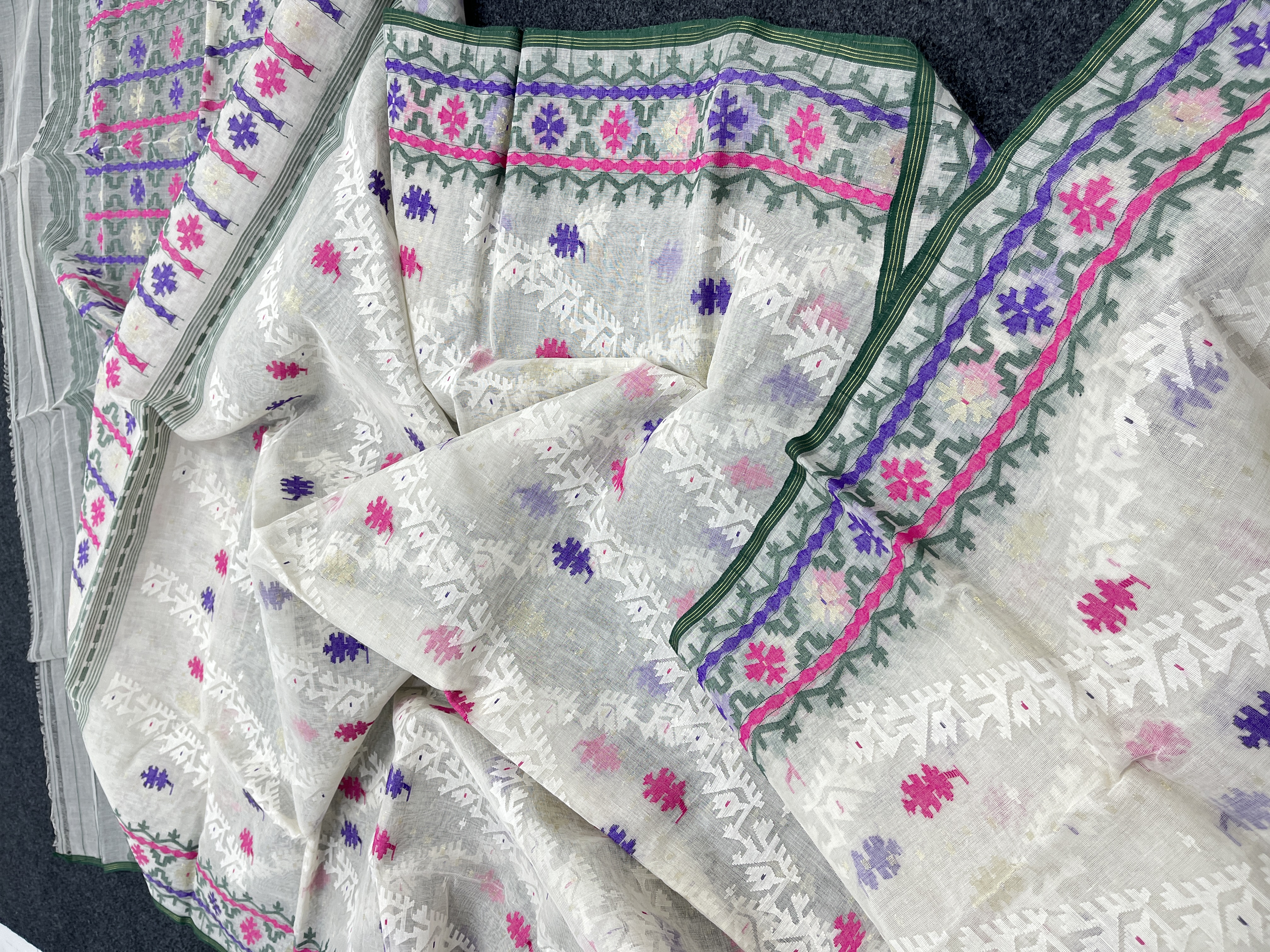 Exclusive white multi cotton dhakai jamdani saree