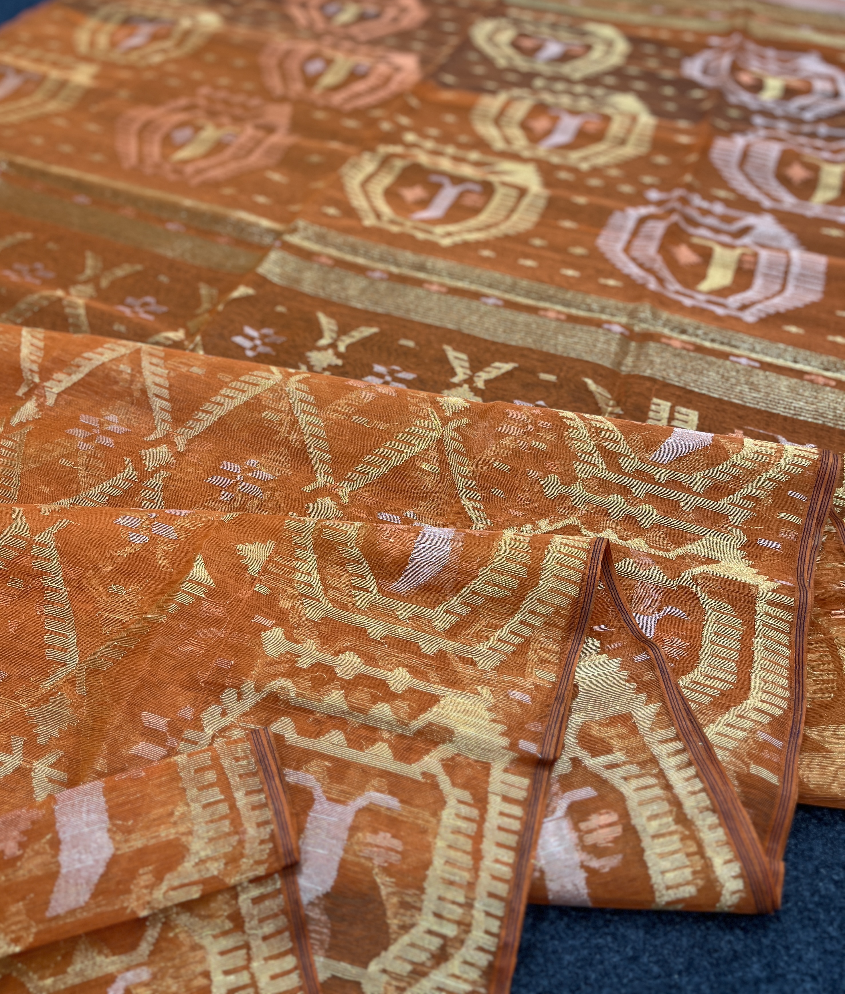 Orange Golden Exclusive half silk jamdani saree