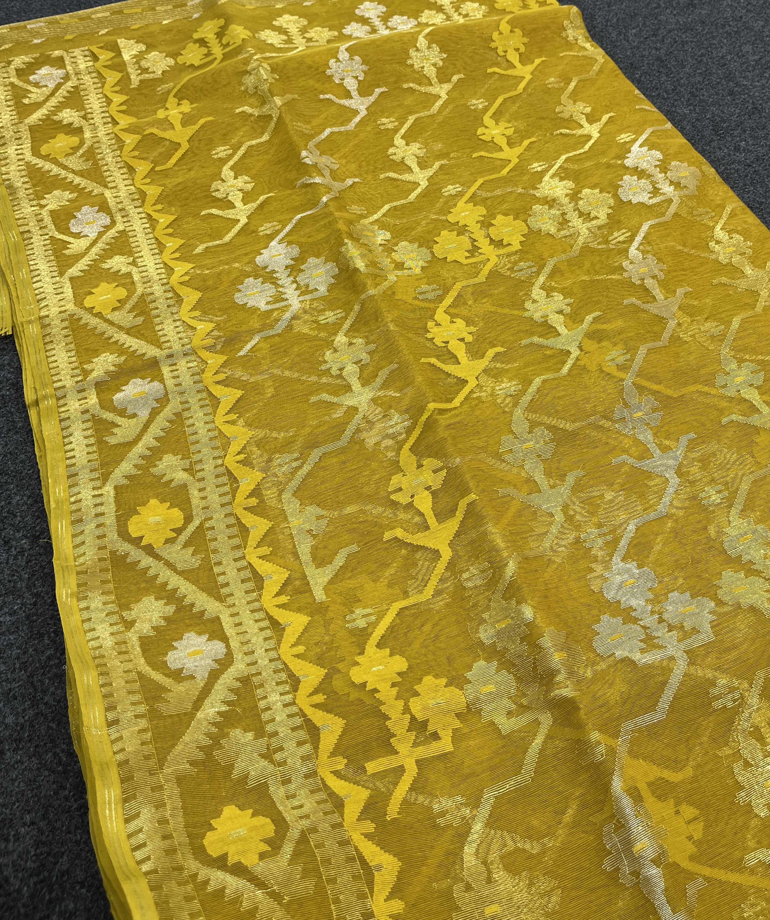 Mustard yellow exclusive half silk jamdani saree
